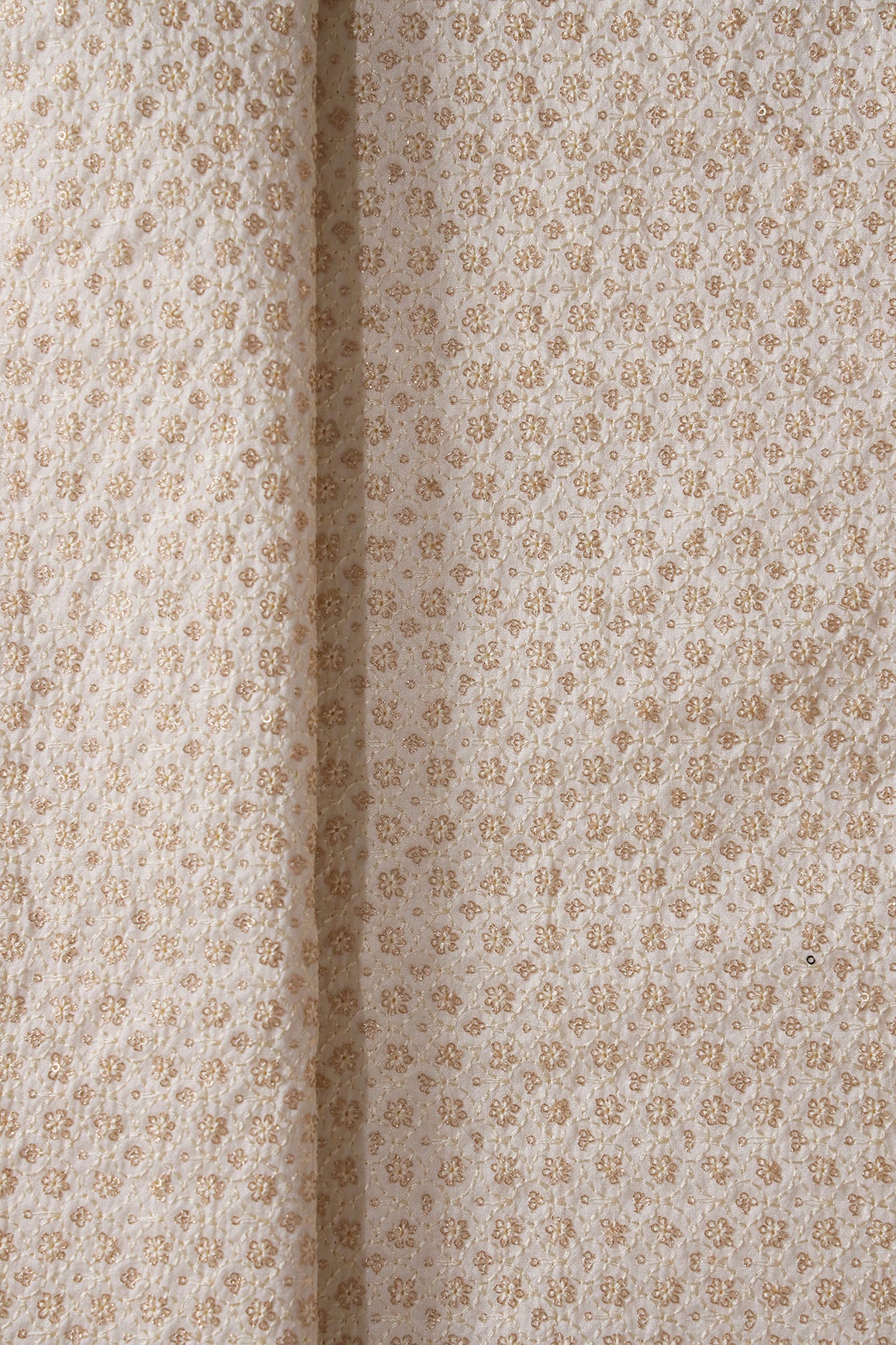 Gold Sequins With Gold Zari Small Trellis Embroidery On Off White Raw Silk Fabric