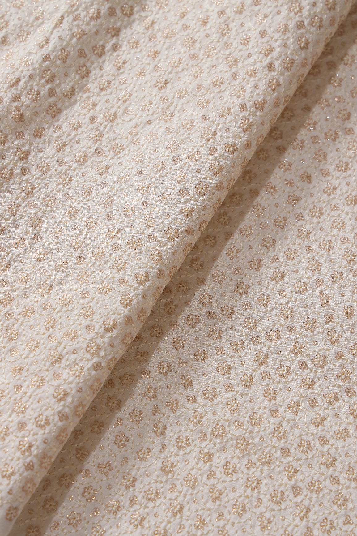 Gold Sequins With Gold Zari Small Trellis Embroidery On Off White Raw Silk Fabric