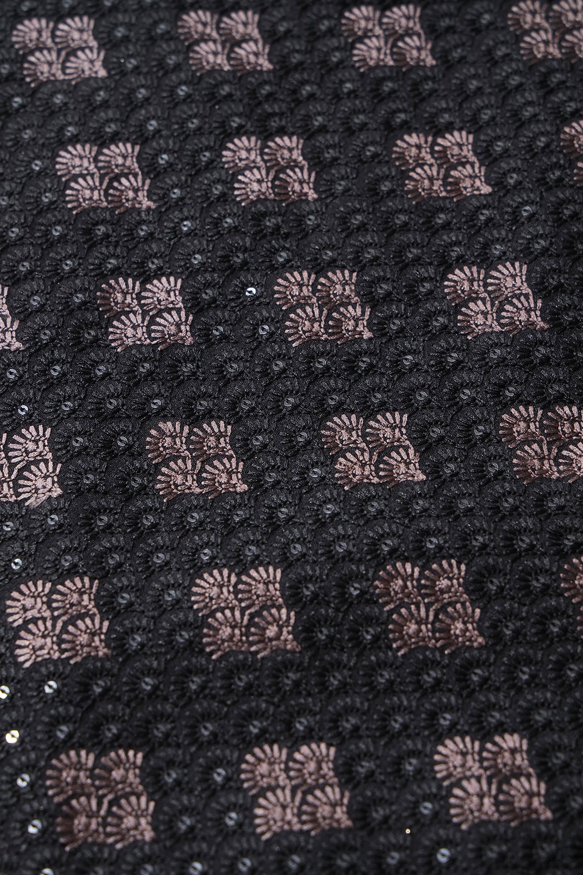 Black And Cream With Sequins Embroidery On Black Raw Silk Fabric