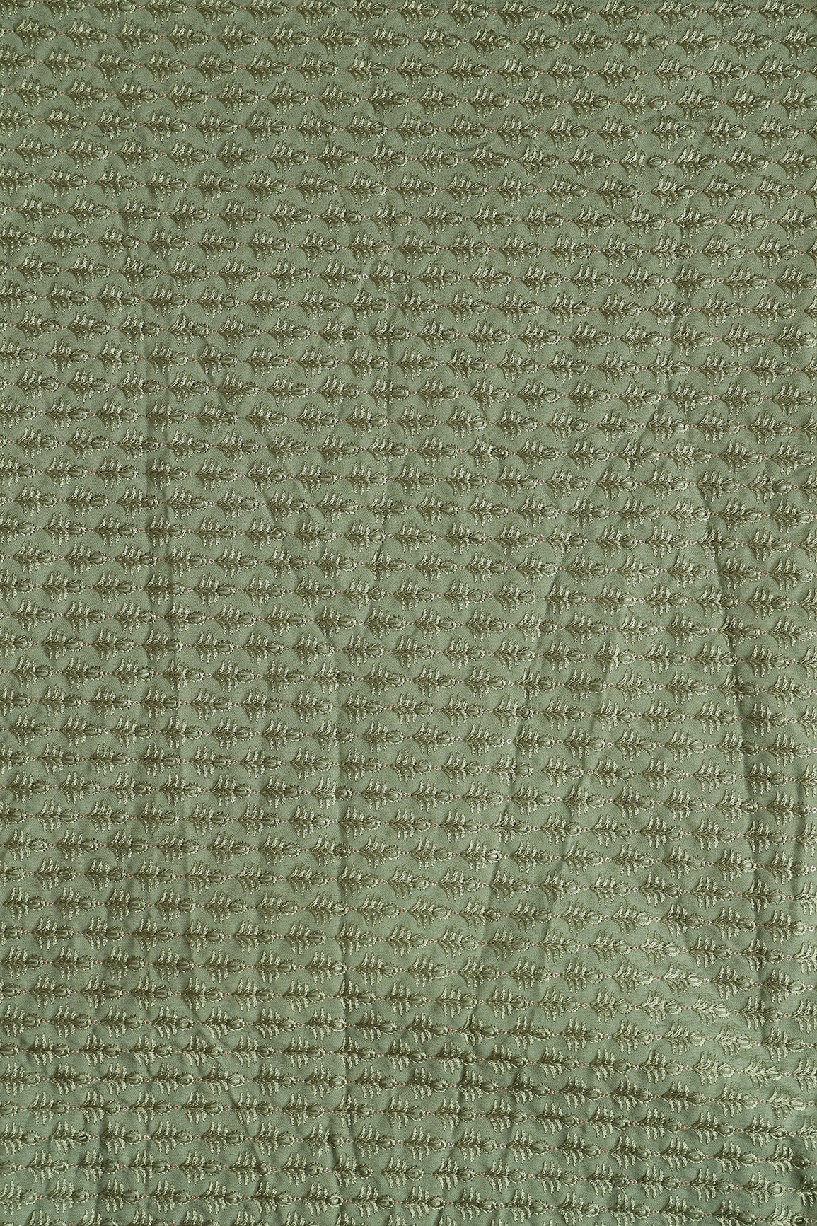 Olive Thread With Sequins Small Floral Motif Embroidery On Dark Olive Premium Silk Fabric