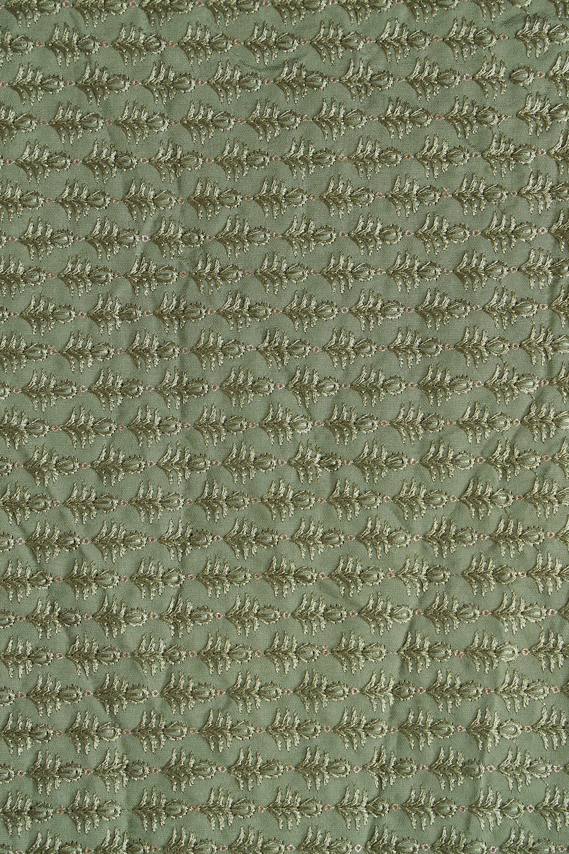 Olive Thread With Sequins Small Floral Motif Embroidery On Dark Olive Premium Silk Fabric