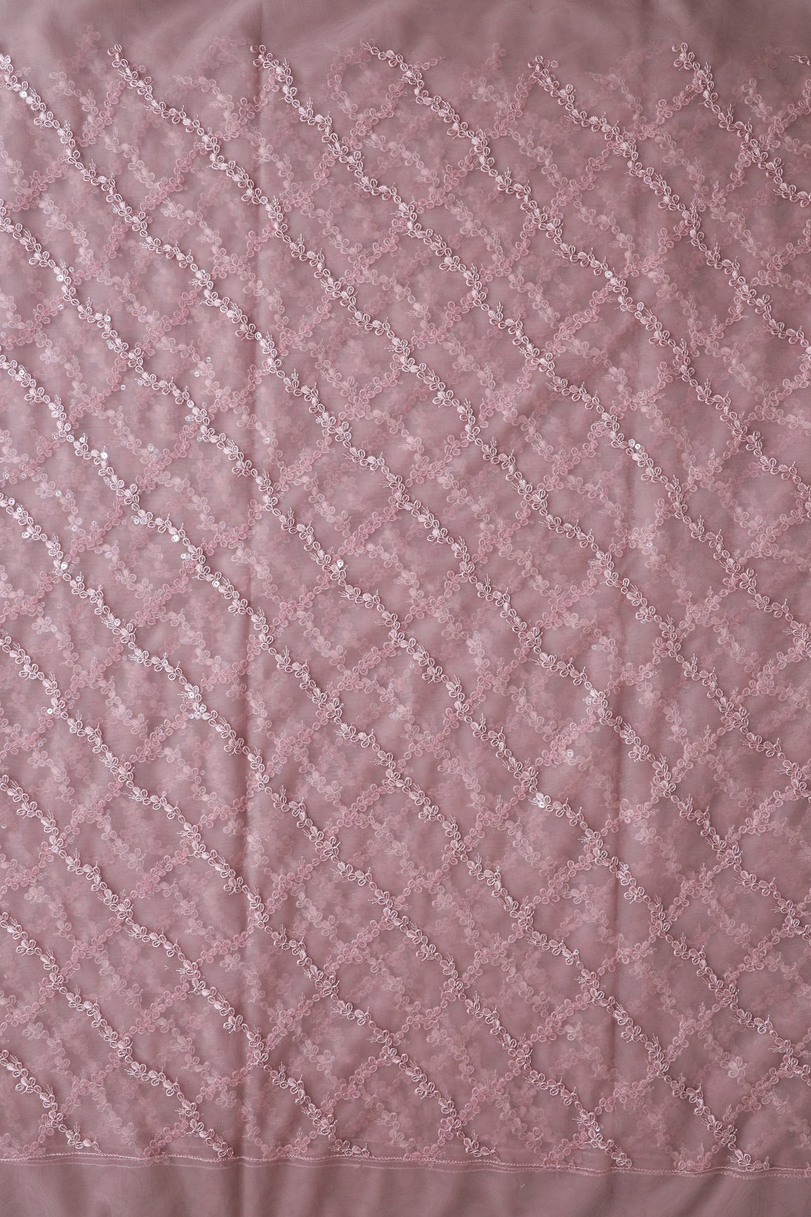 Mauve Thread With Sequins Strip Embroidery Work On Mauve Soft Net Fabric