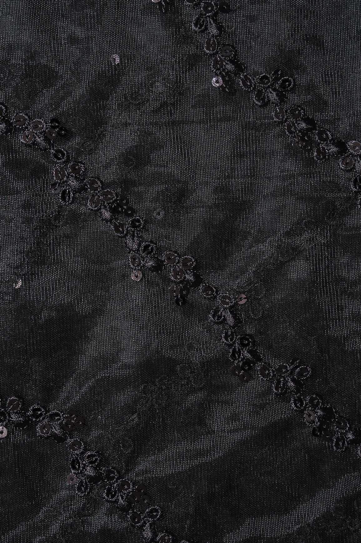 Black Thread With Sequins Strip Embroidery Work On Black Soft Net Fabric