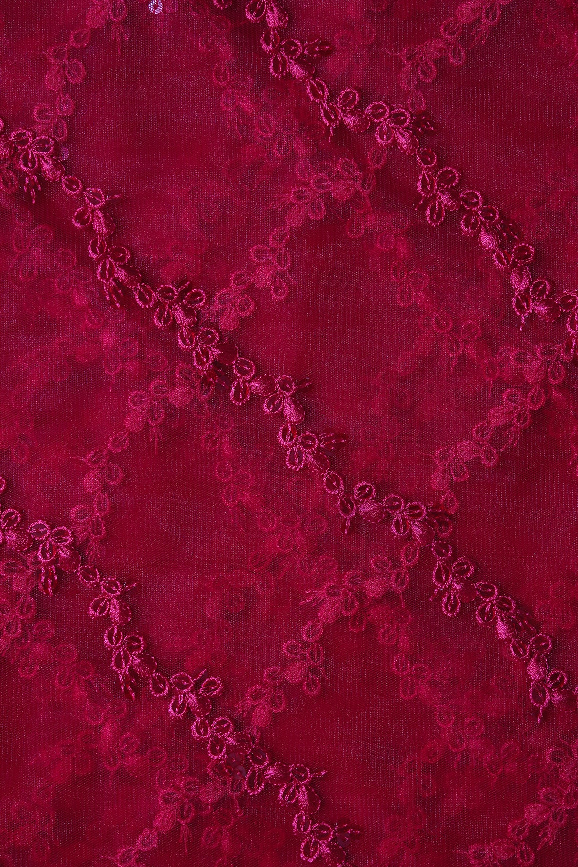 Red Thread With Sequins Strip Embroidery Work On Cherry Red Soft Net Fabric