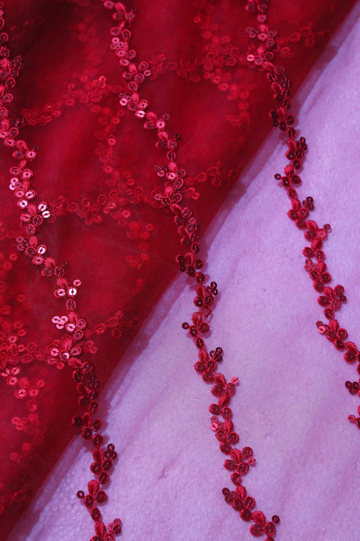 Red Thread With Sequins Strip Embroidery Work On Red Soft Net Fabric