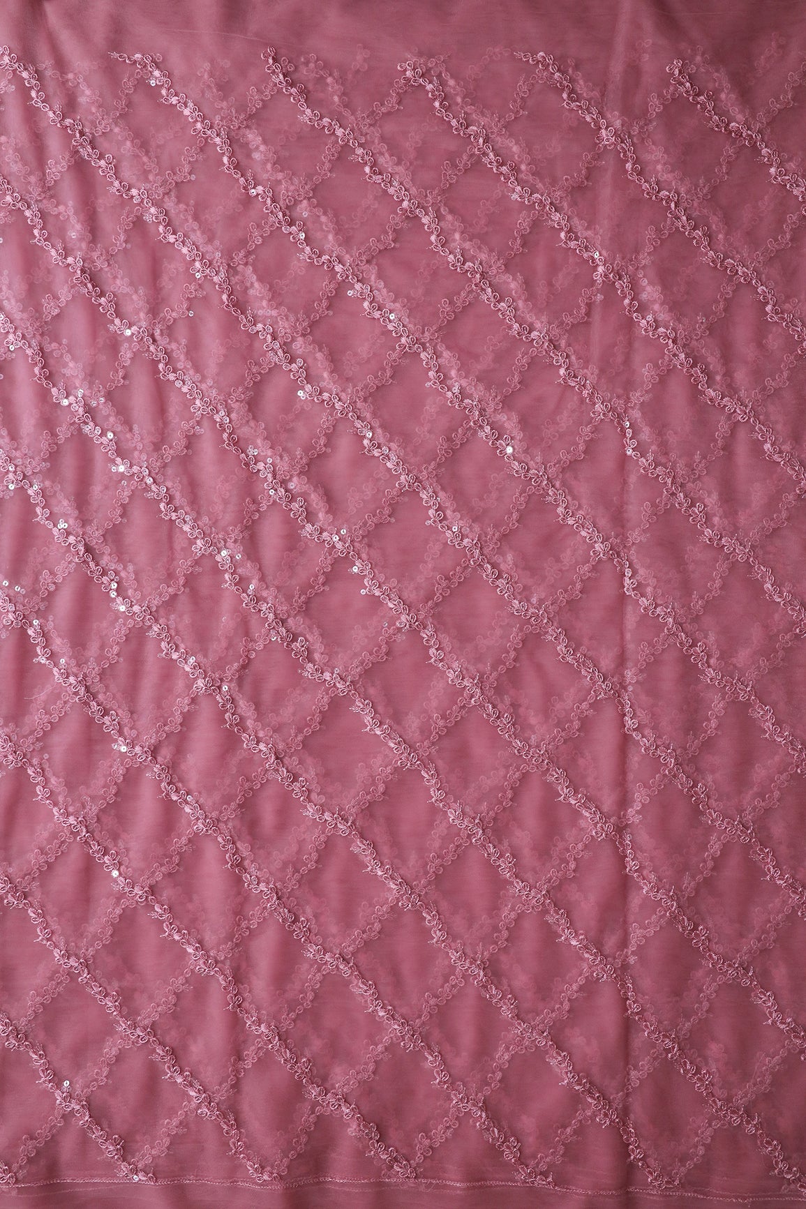 Pink Thread With Sequins Strip Embroidery Work On Dusty Pink Soft Net Fabric