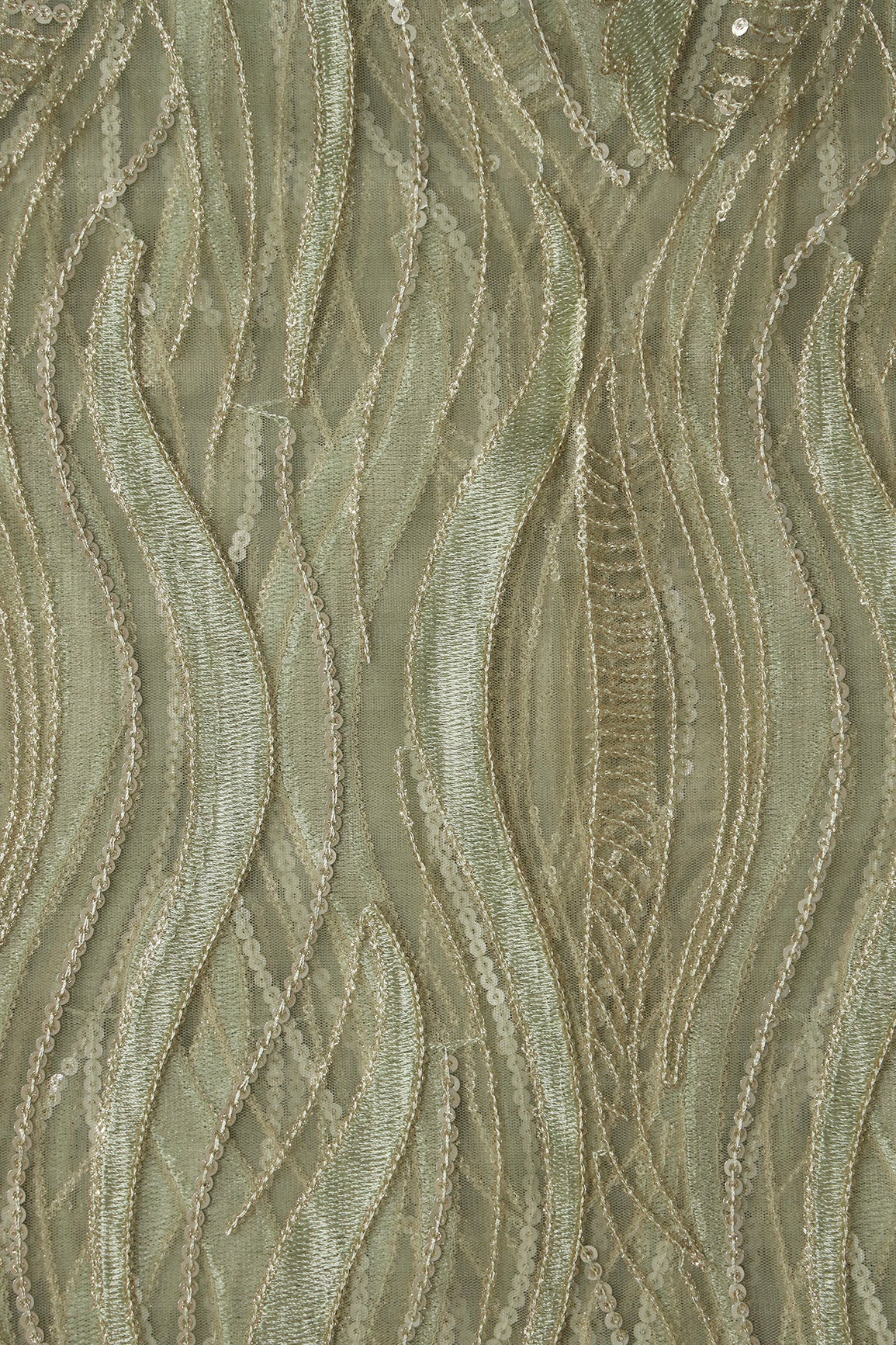 Olive Thread With Sequins Wavy Embroidery Work On Olive Soft Net Fabric