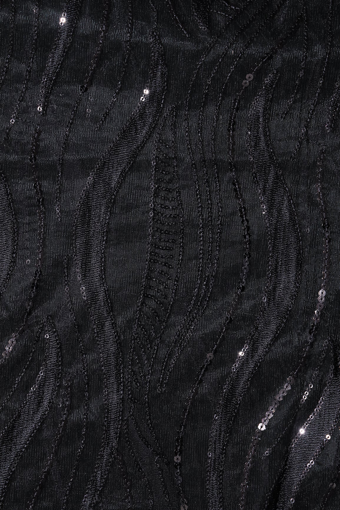 Black Thread With Sequins Wavy Embroidery Work On Black Soft Net Fabric