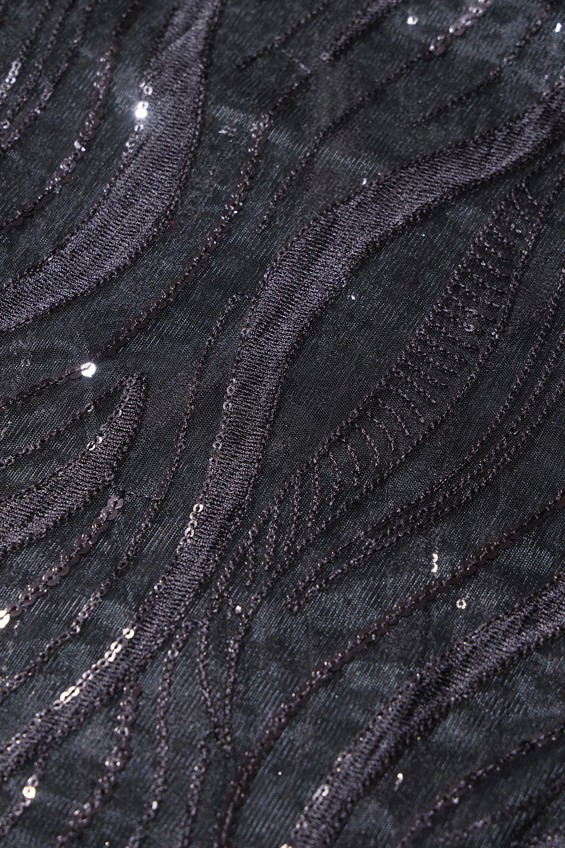 Black Thread With Sequins Wavy Embroidery Work On Black Soft Net Fabric