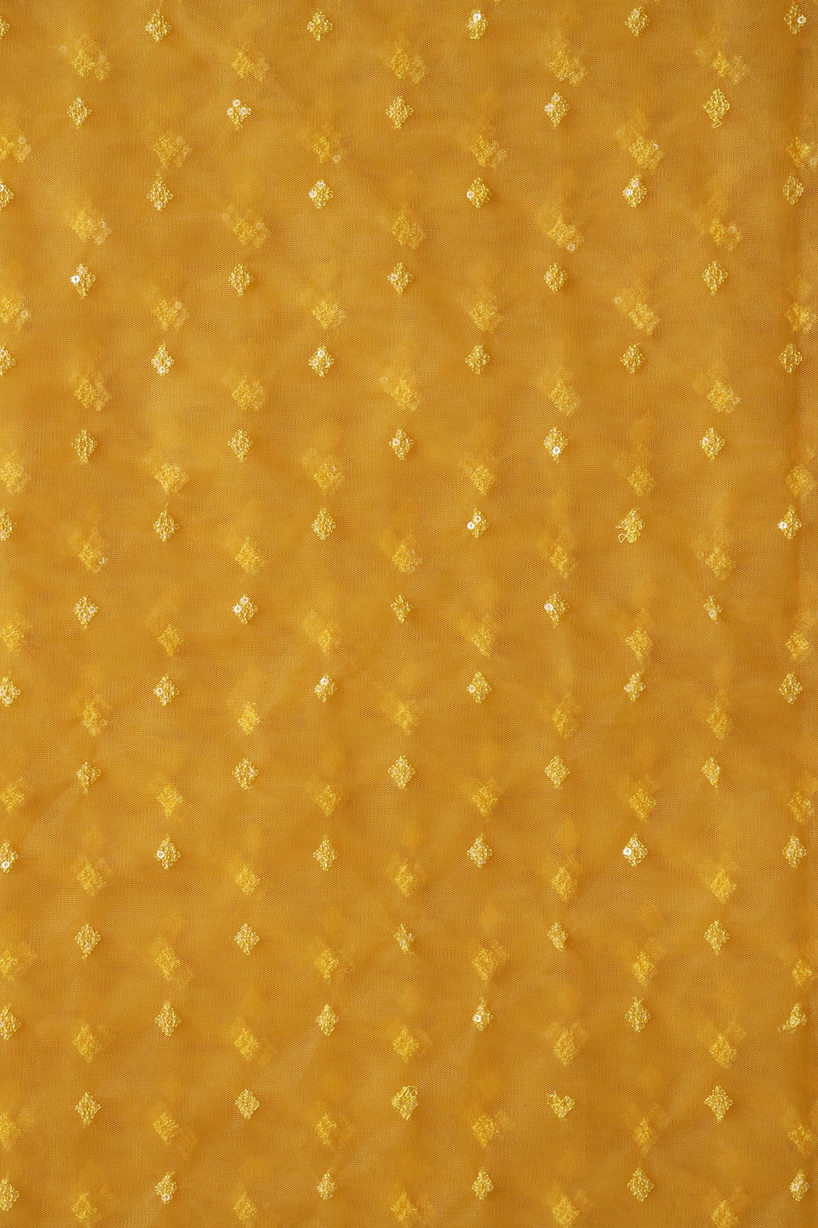 Small Motif Sequins Embroidery Work On Yellow Soft Net Fabric