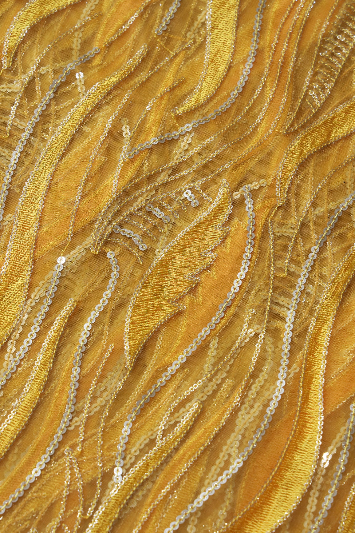 Yellow Thread With Sequins Wavy Embroidery Work On Yellow Soft Net Fabric