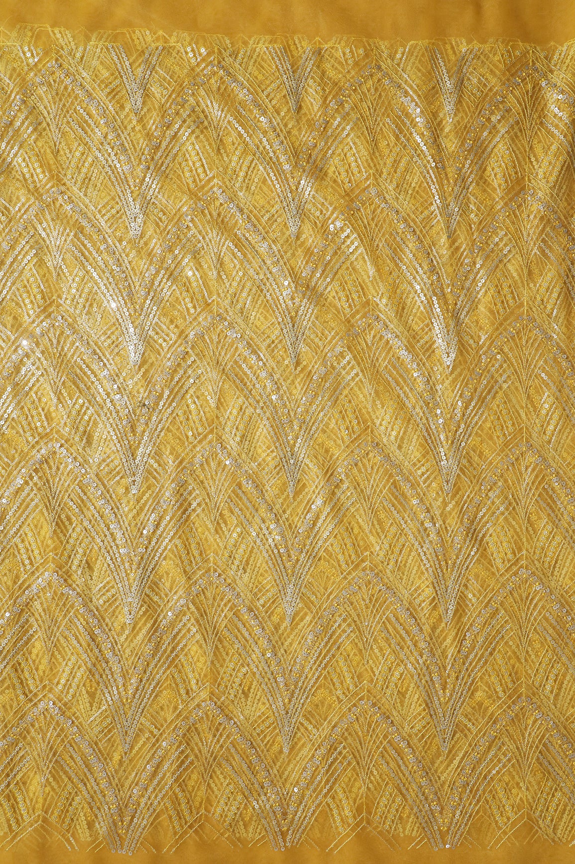 Yellow Thread With Gold And Silver Sequins Geometric Embroidery Work On Yellow Soft Net Fabric