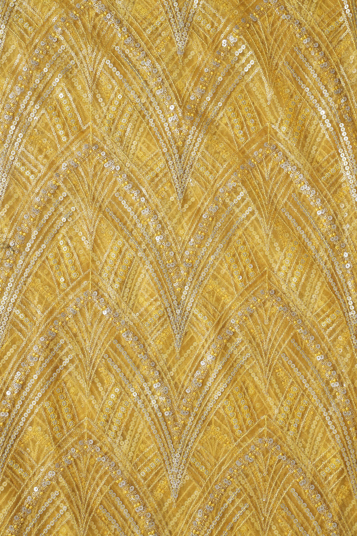 Yellow Thread With Gold And Silver Sequins Geometric Embroidery Work On Yellow Soft Net Fabric