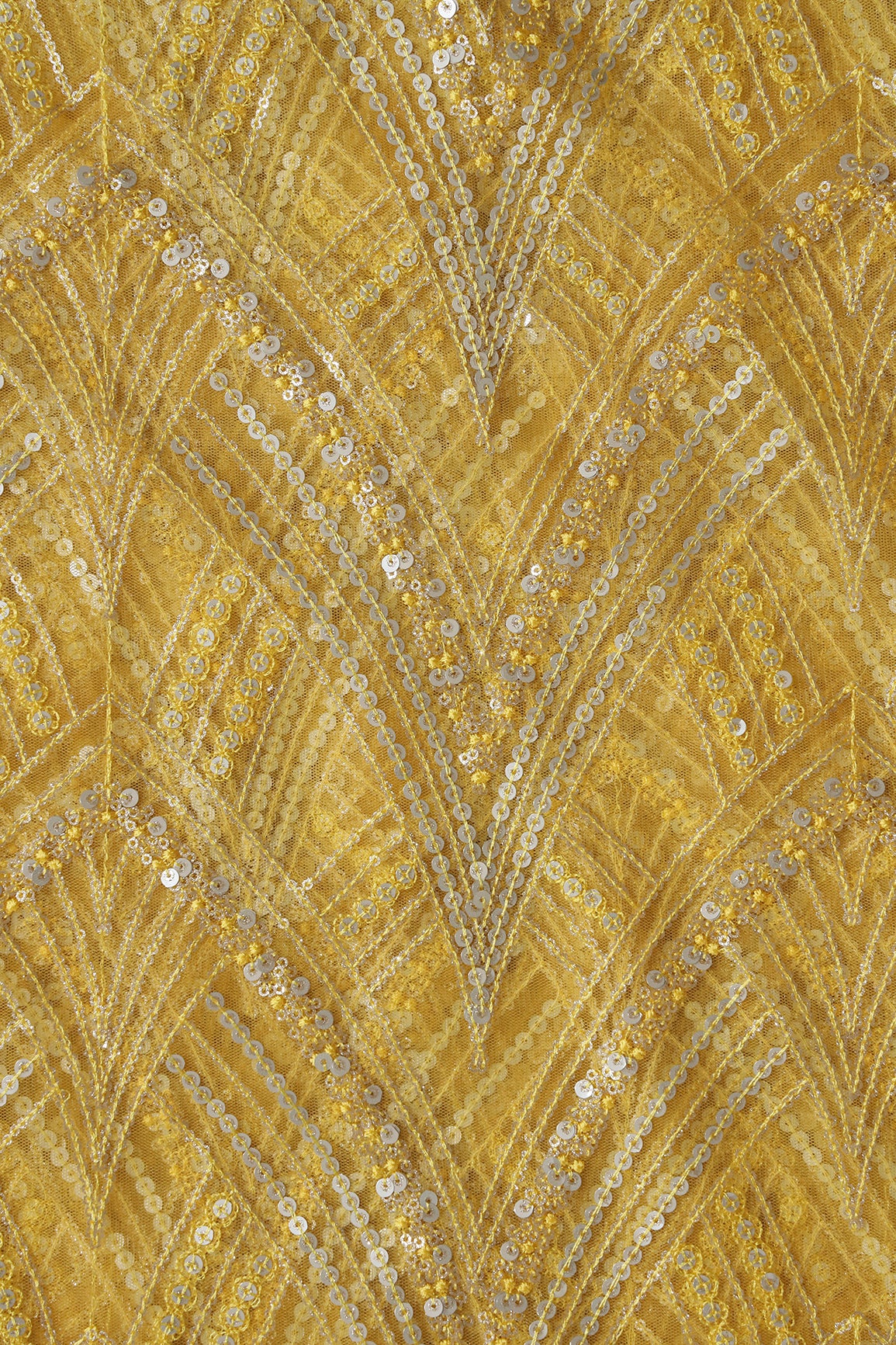 Yellow Thread With Gold And Silver Sequins Geometric Embroidery Work On Yellow Soft Net Fabric