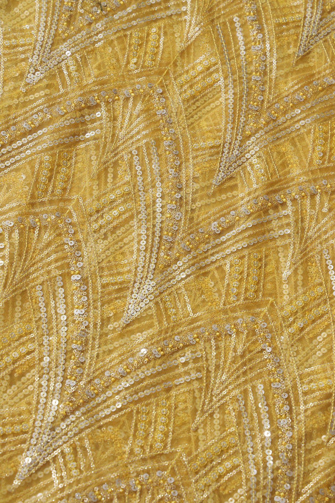 Yellow Thread With Gold And Silver Sequins Geometric Embroidery Work On Yellow Soft Net Fabric