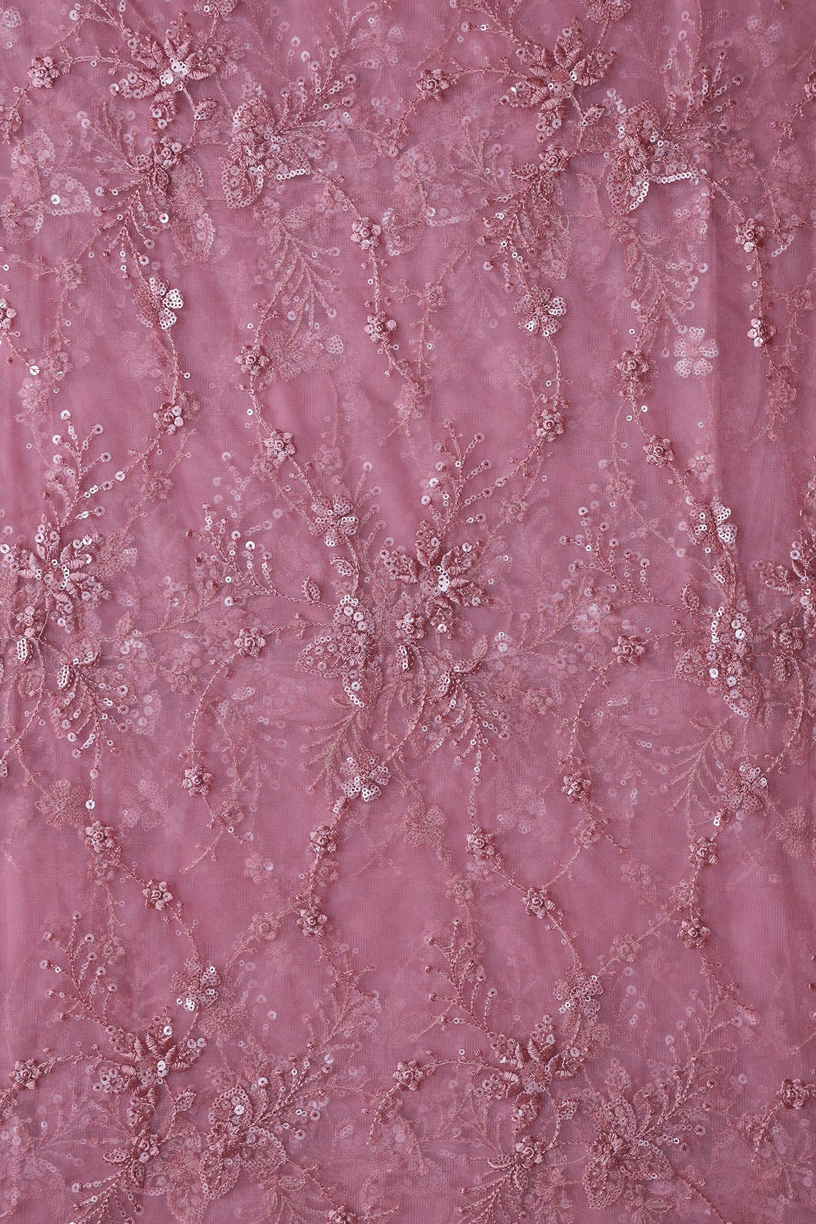 Beautiful Pink Thread With Sequins Floral Embroidery Work On Pink Soft Net Fabric