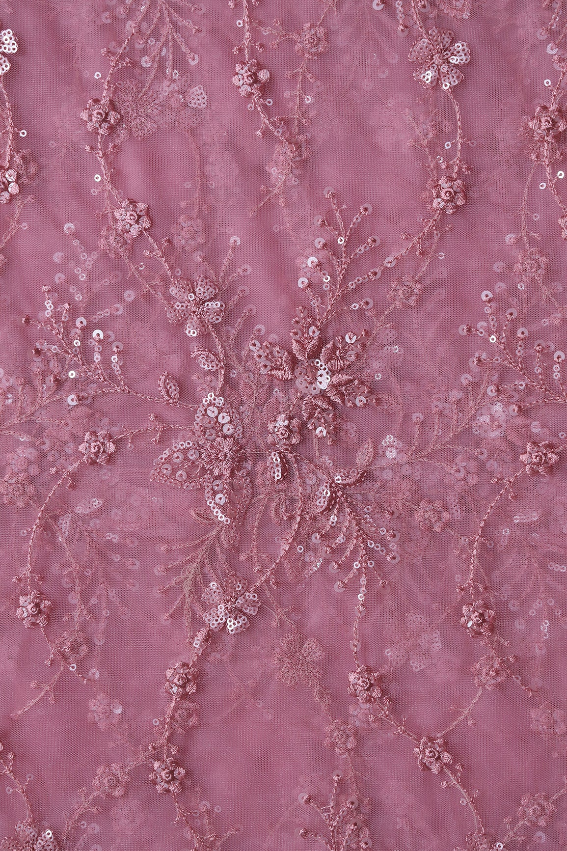 Beautiful Pink Thread With Sequins Floral Embroidery Work On Pink Soft Net Fabric