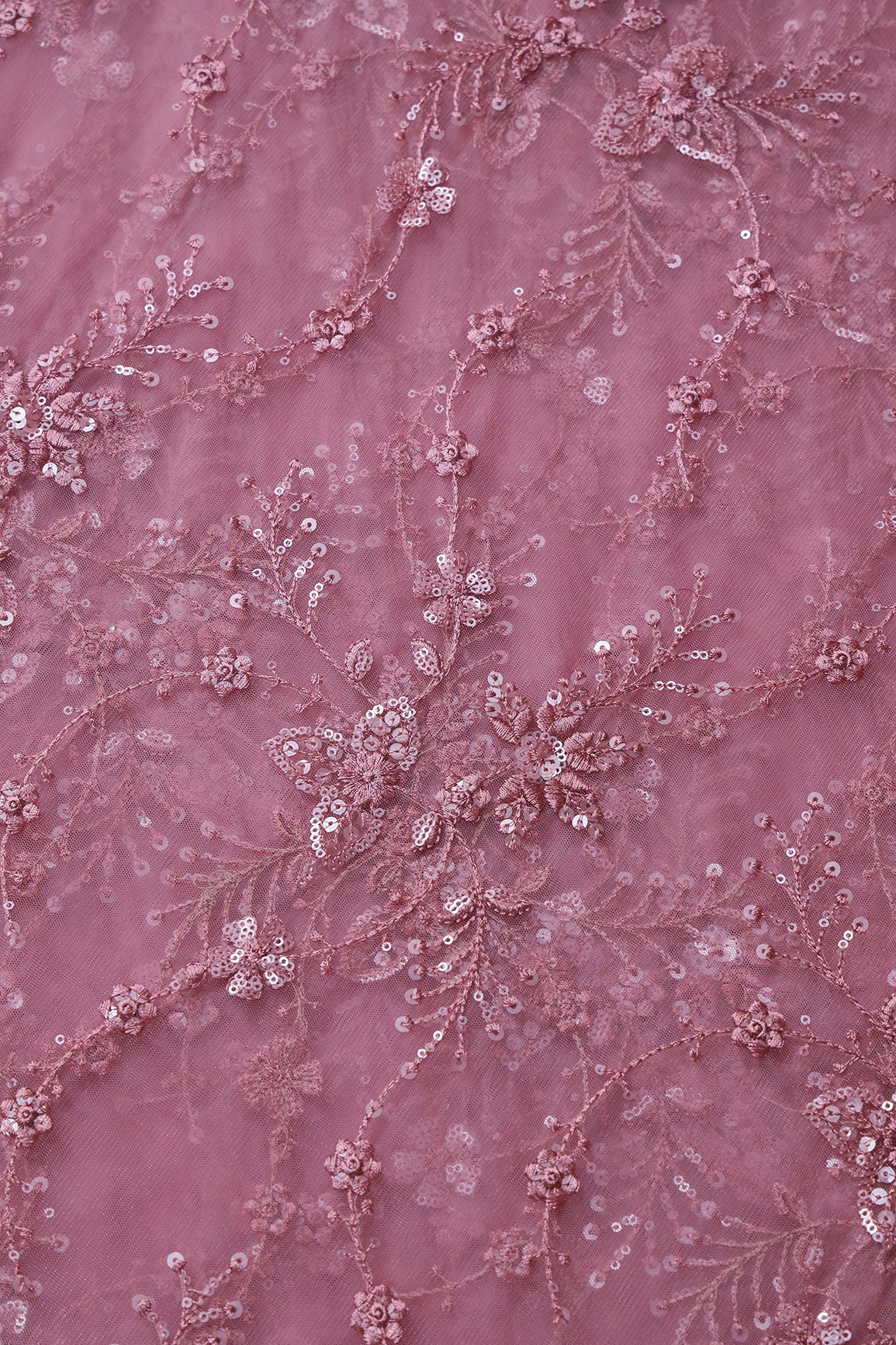 Beautiful Pink Thread With Sequins Floral Embroidery Work On Pink Soft Net Fabric