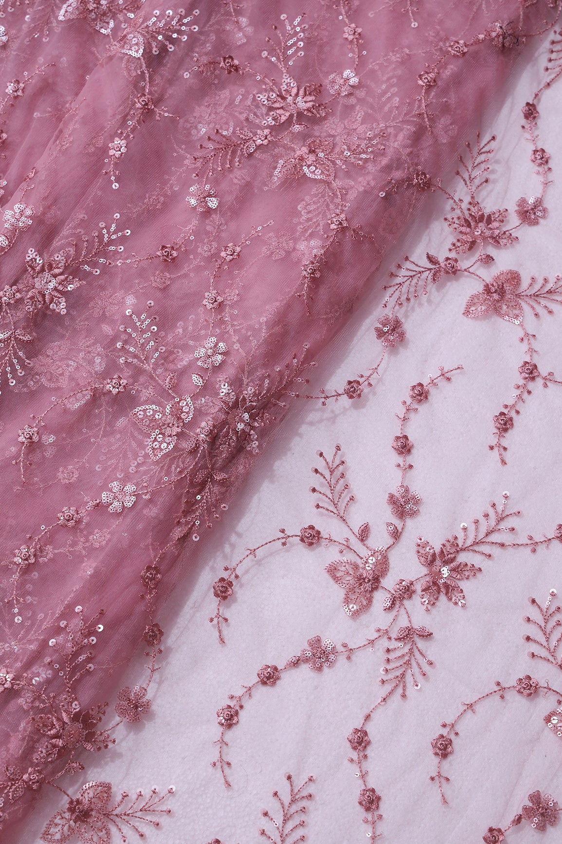 Beautiful Pink Thread With Sequins Floral Embroidery Work On Pink Soft Net Fabric