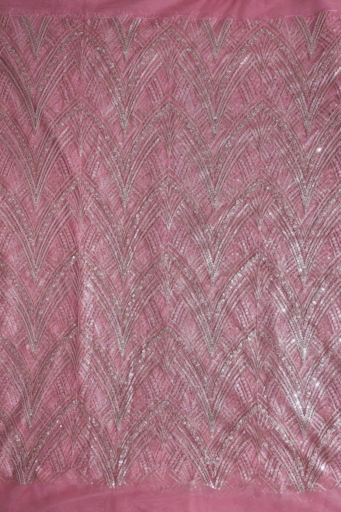 Pink Thread With Gold And Silver Sequins Geometric Embroidery Work On Pink Soft Net Fabric