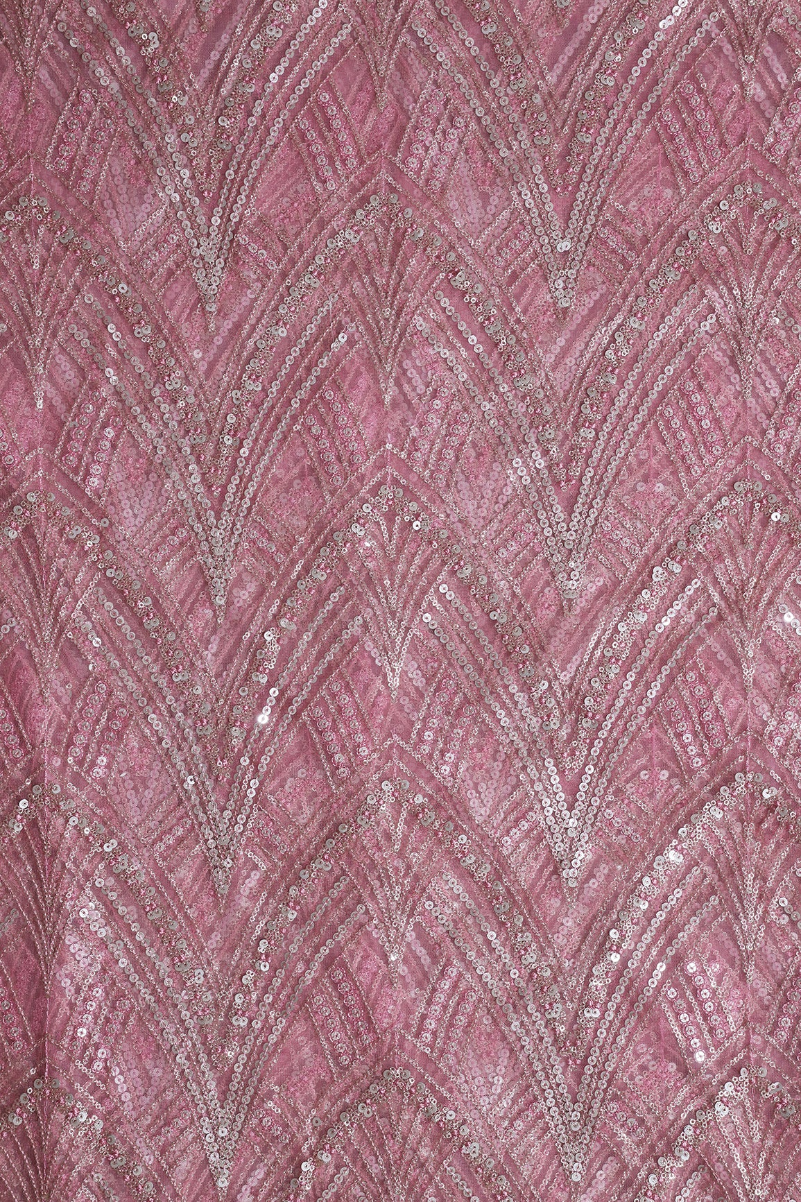 Pink Thread With Gold And Silver Sequins Geometric Embroidery Work On Pink Soft Net Fabric