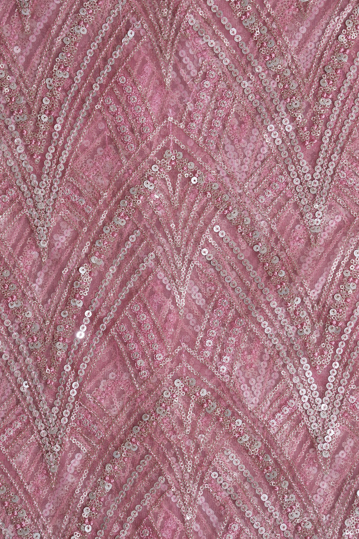 Pink Thread With Gold And Silver Sequins Geometric Embroidery Work On Pink Soft Net Fabric