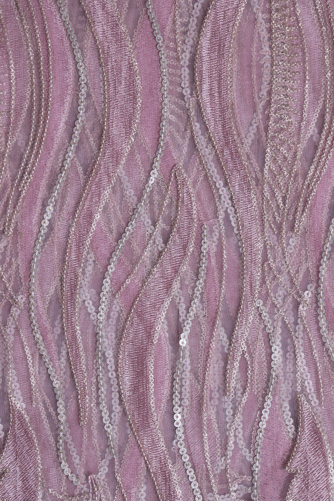 Mauve Thread With Sequins Wavy Embroidery Work On Mauve Soft Net Fabric