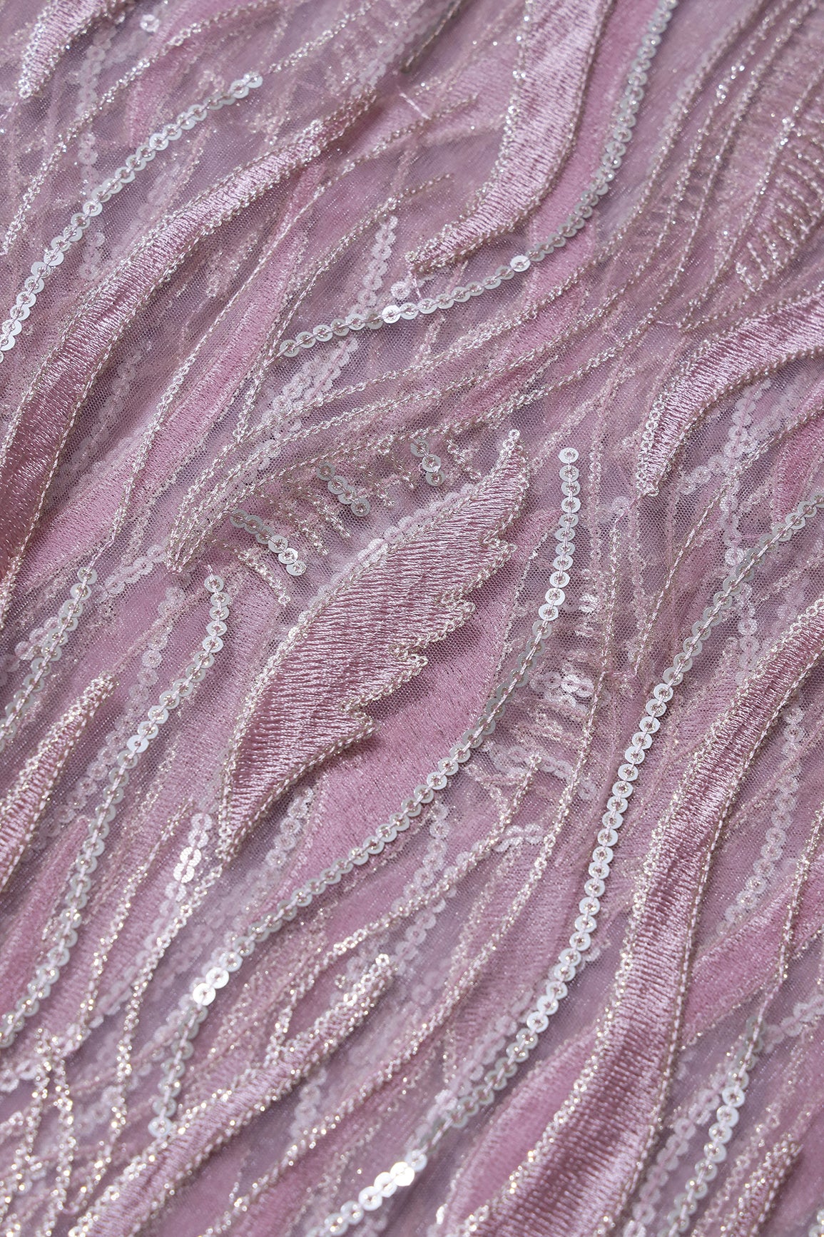 Mauve Thread With Sequins Wavy Embroidery Work On Mauve Soft Net Fabric