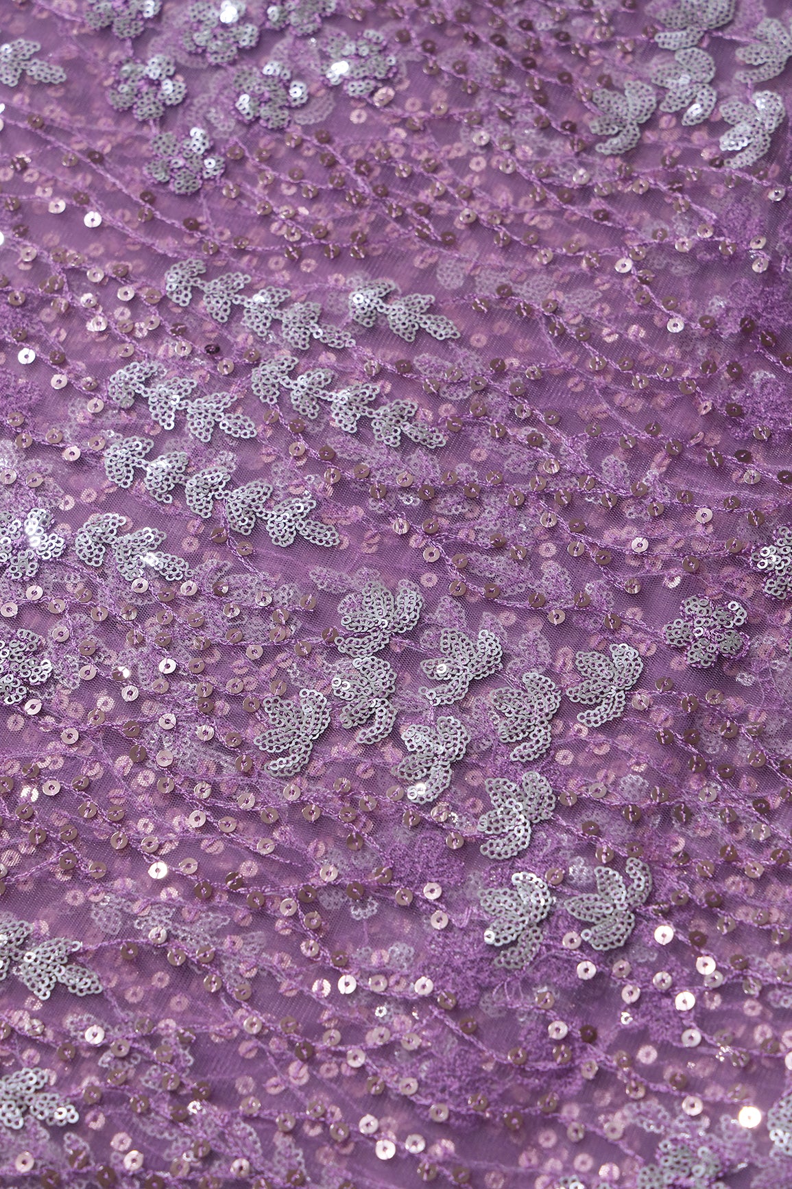 Gold And Silver Sequins Heavy Embroidery On Lavender Soft Net Fabric