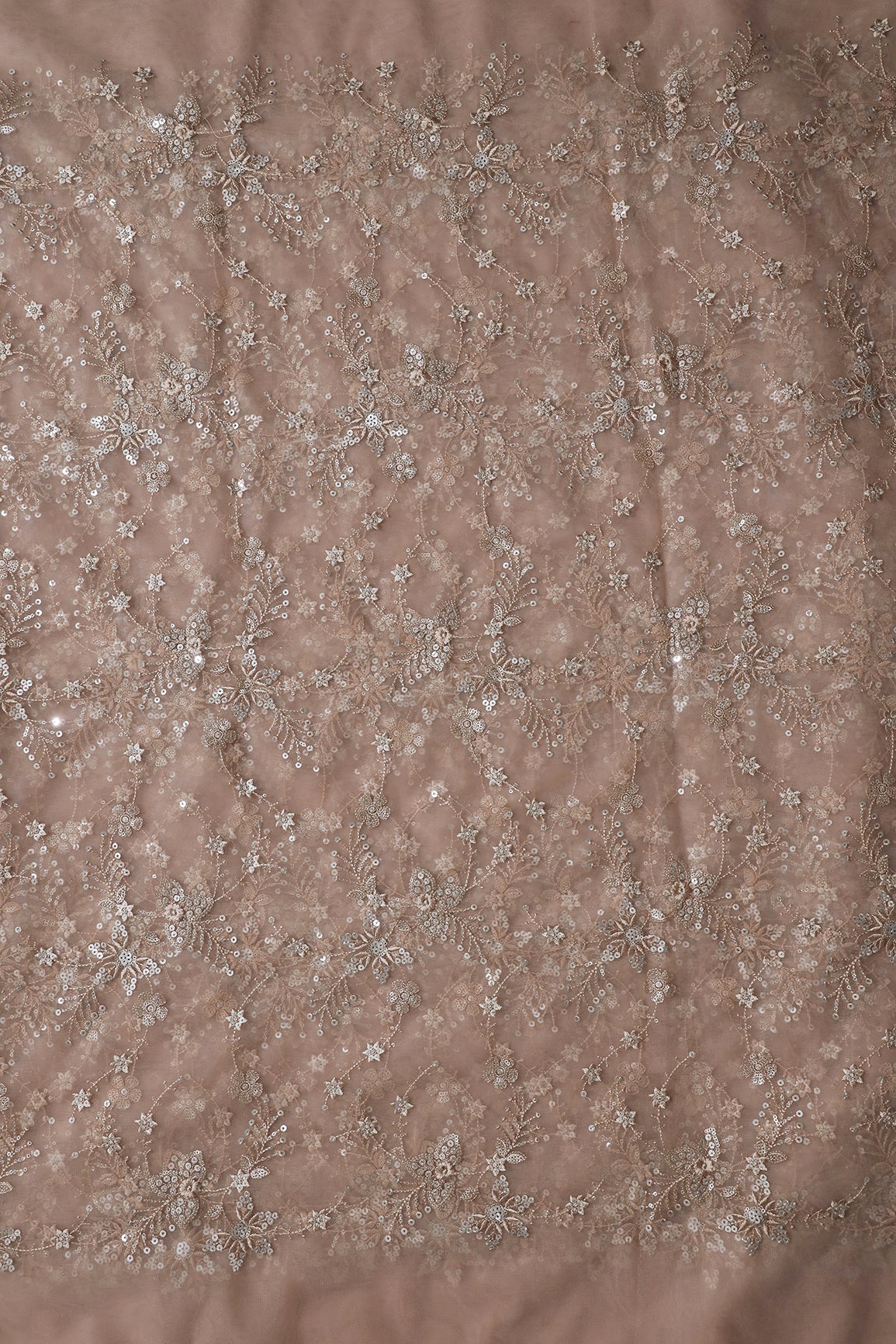 Beautiful Beige Thread With Sequins Floral Embroidery Work On Beige Soft Net Fabric