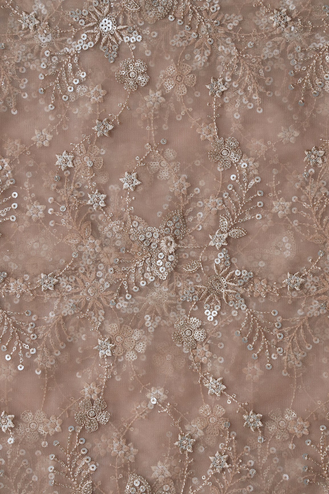 Beautiful Beige Thread With Sequins Floral Embroidery Work On Beige Soft Net Fabric