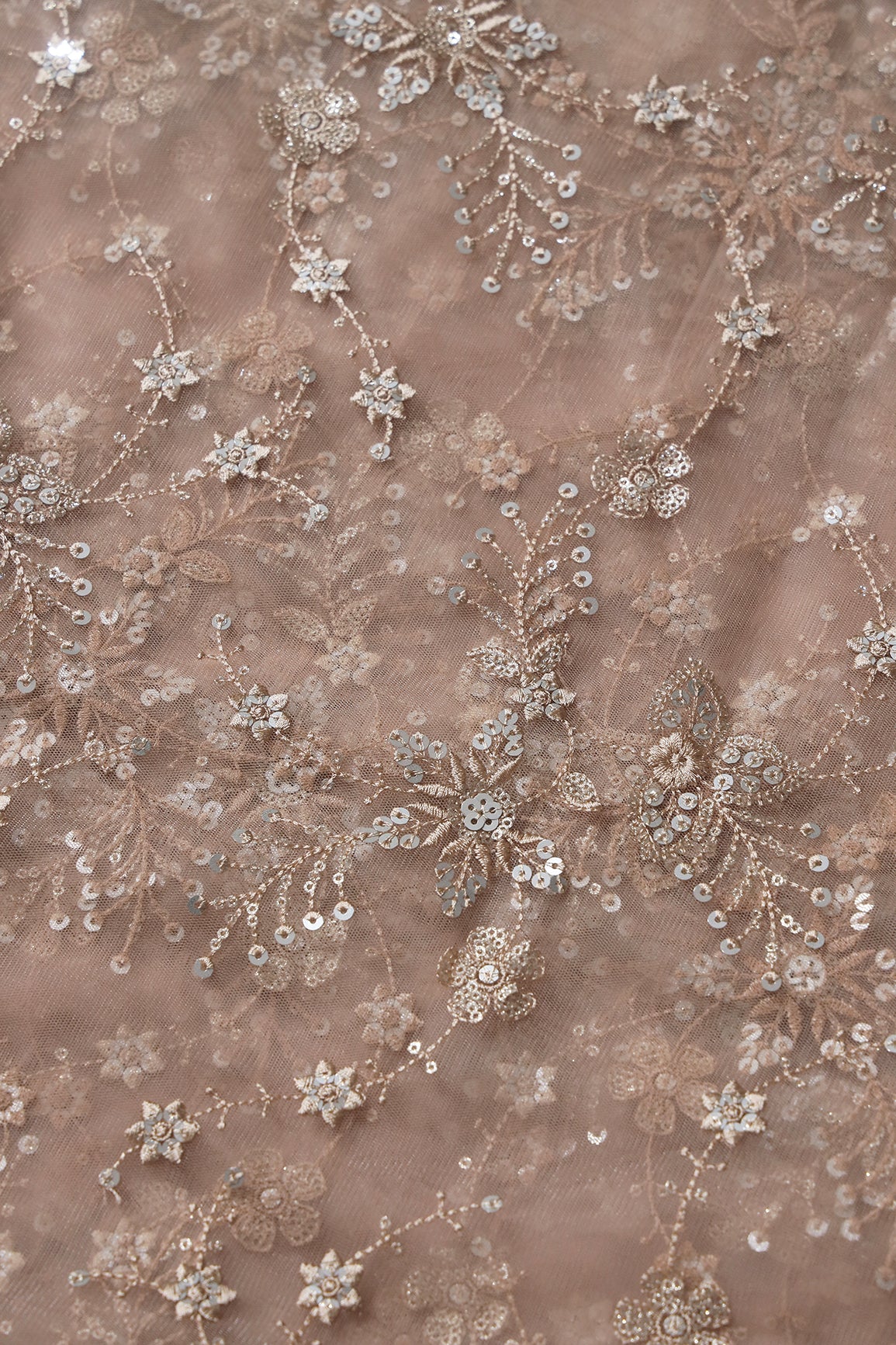 Beautiful Beige Thread With Sequins Floral Embroidery Work On Beige Soft Net Fabric