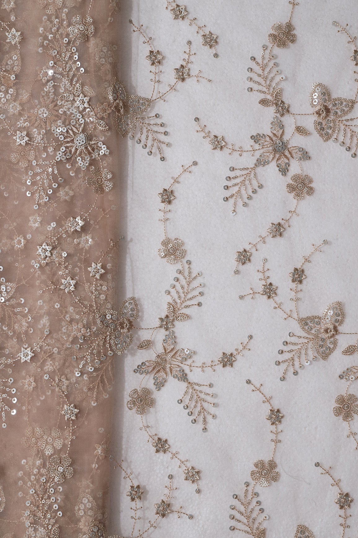 Beautiful Beige Thread With Sequins Floral Embroidery Work On Beige Soft Net Fabric