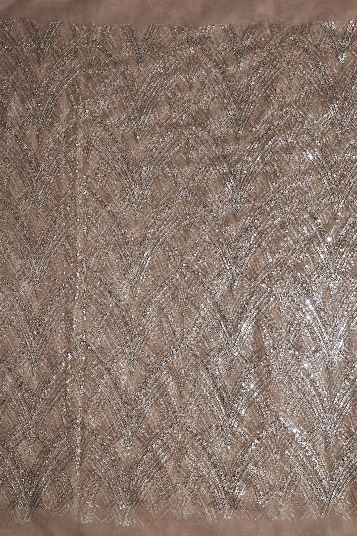 Beige Thread With Gold And Silver Sequins Geometric Embroidery Work On Beige Soft Net Fabric