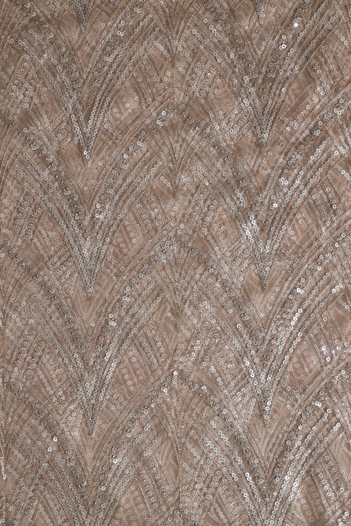 Beige Thread With Gold And Silver Sequins Geometric Embroidery Work On Beige Soft Net Fabric