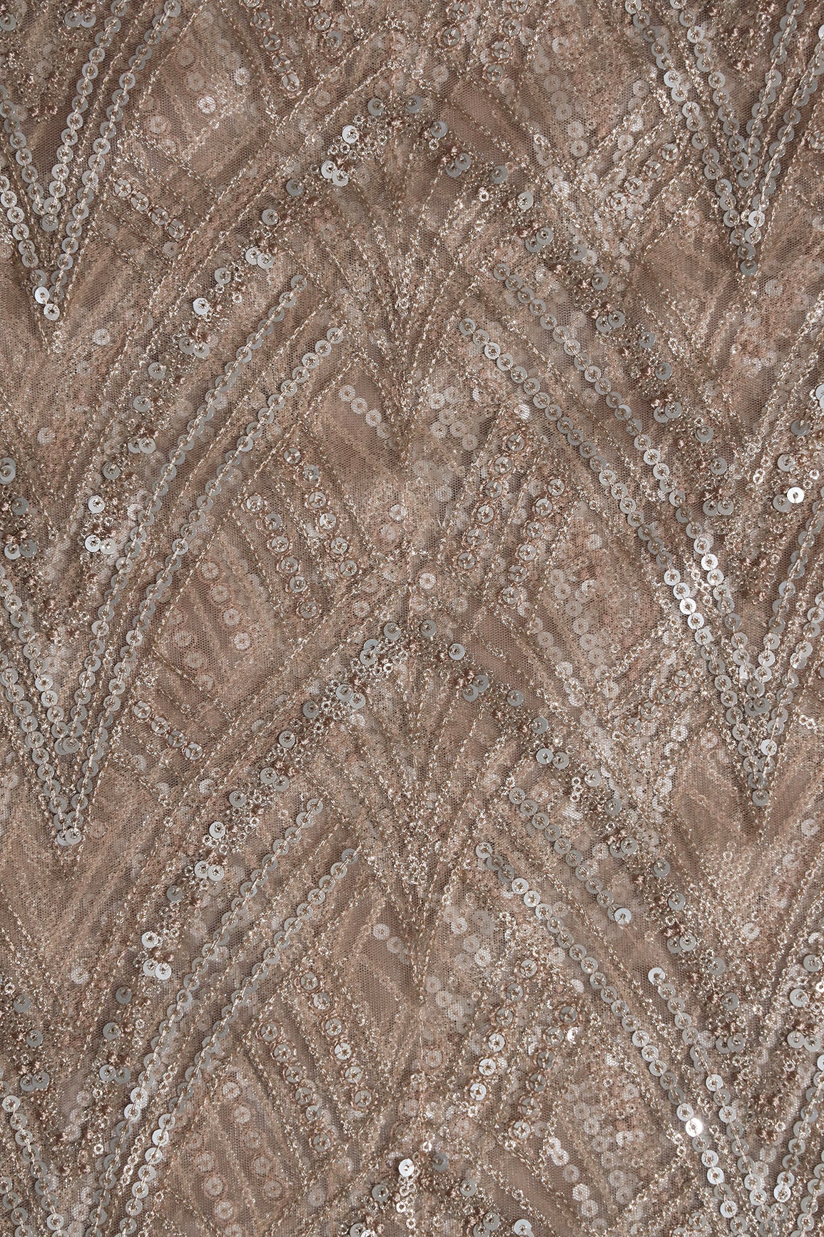 Beige Thread With Gold And Silver Sequins Geometric Embroidery Work On Beige Soft Net Fabric