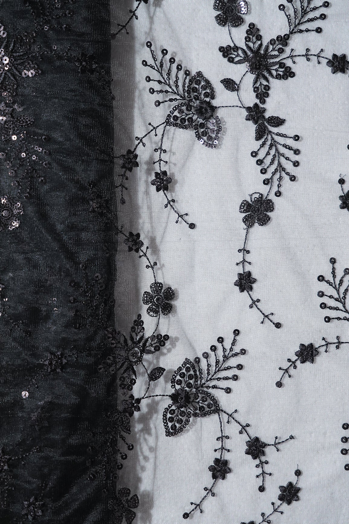 Beautiful Black Thread With Sequins Floral Embroidery Work On Black Soft Net Fabric