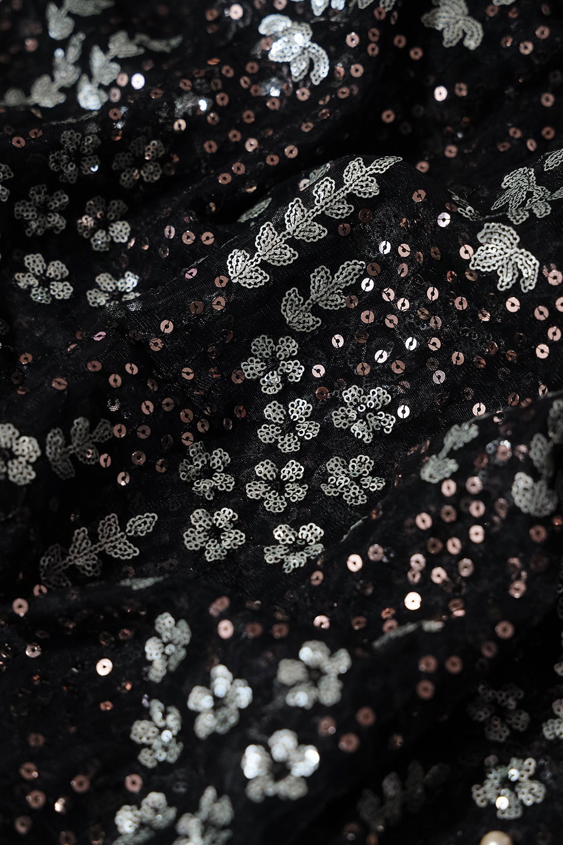 Gold And Silver Sequins Heavy Embroidery On Black Soft Net Fabric