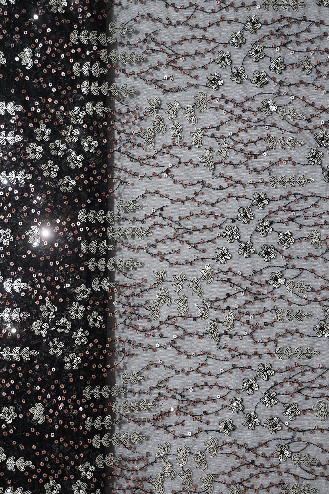 Gold And Silver Sequins Heavy Embroidery On Black Soft Net Fabric