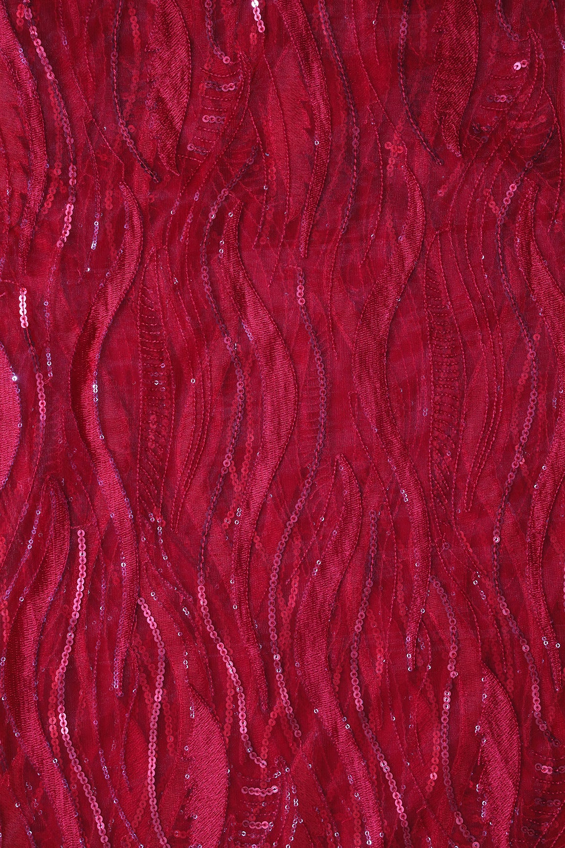 Red Thread With Sequins Wavy Embroidery Work On Red Soft Net Fabric