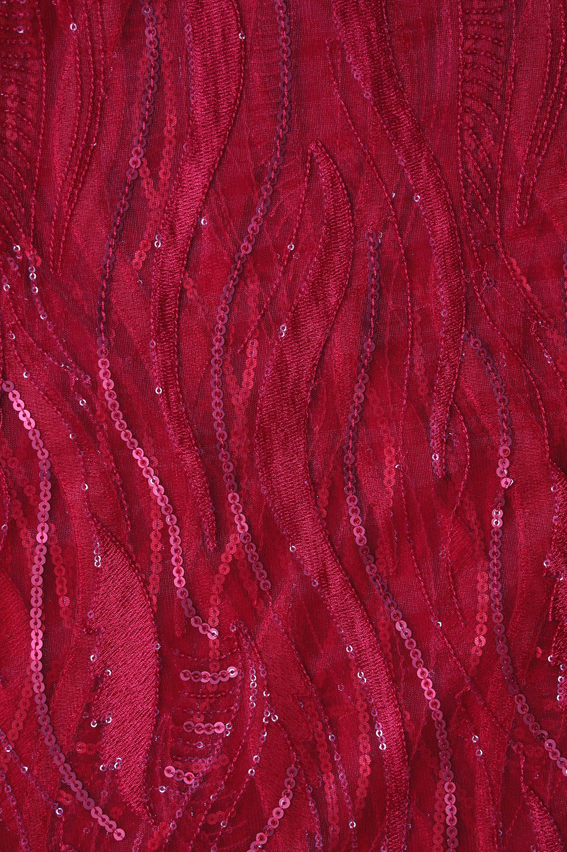 Red Thread With Sequins Wavy Embroidery Work On Red Soft Net Fabric