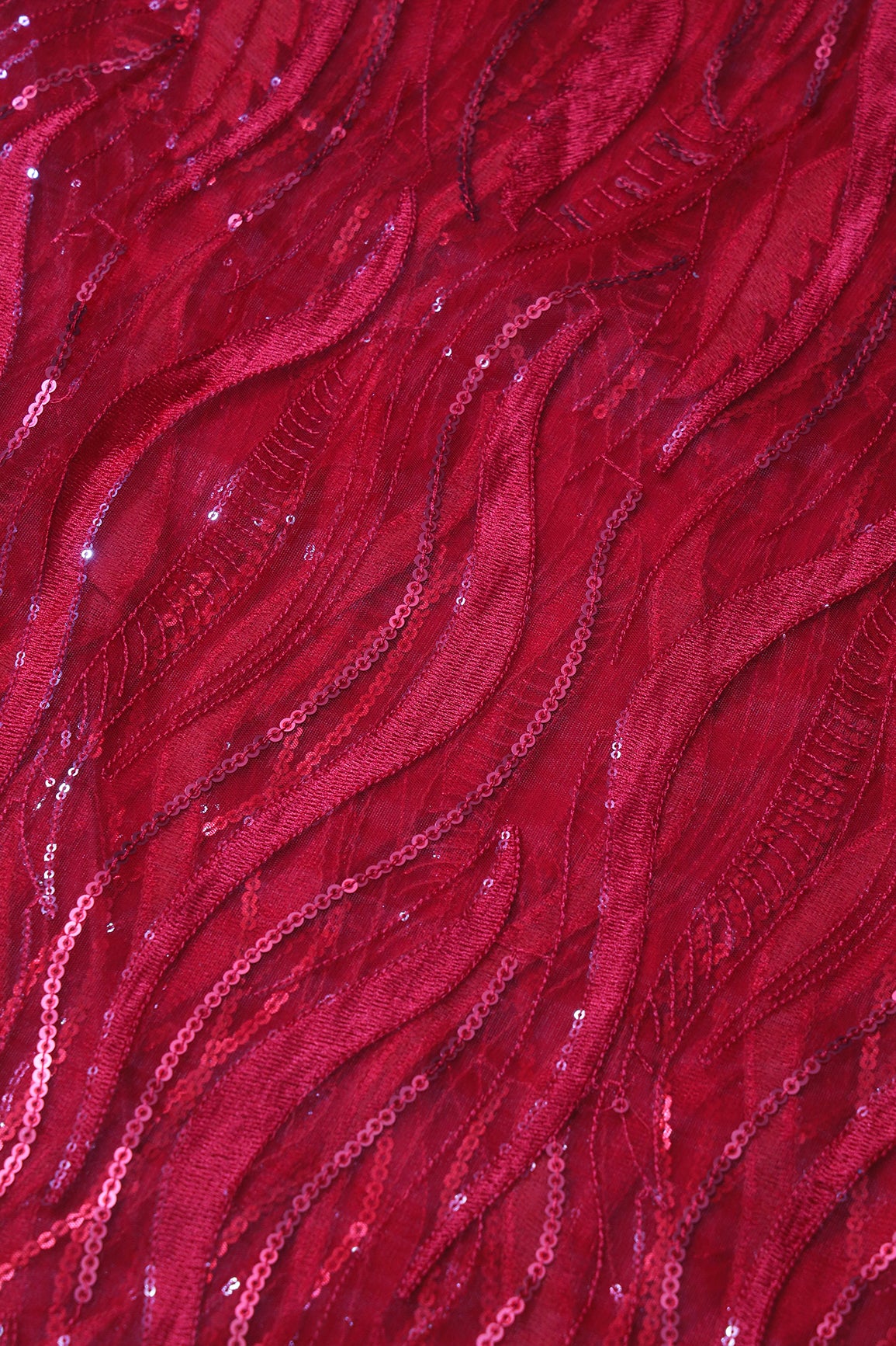 Red Thread With Sequins Wavy Embroidery Work On Red Soft Net Fabric