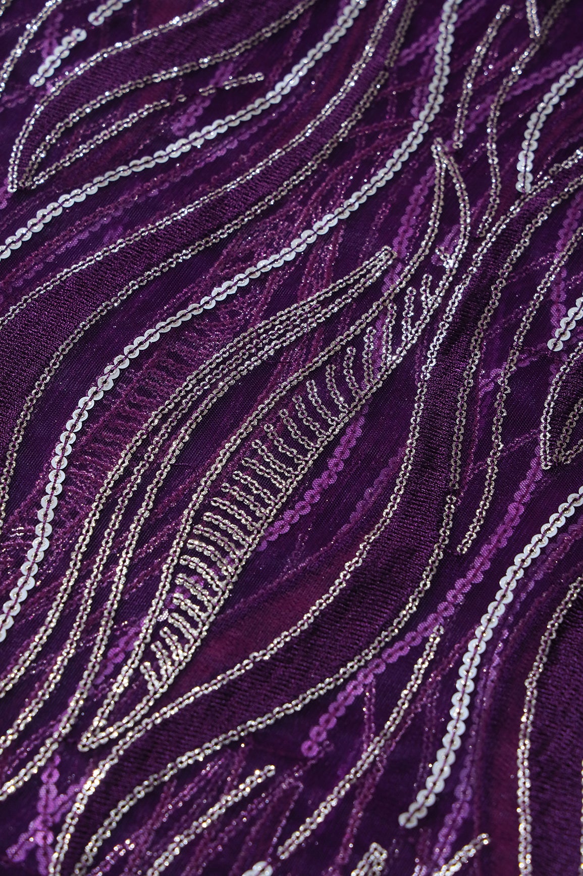 Wine Thread With Sequins Wavy Embroidery Work On Wine Soft Net Fabric