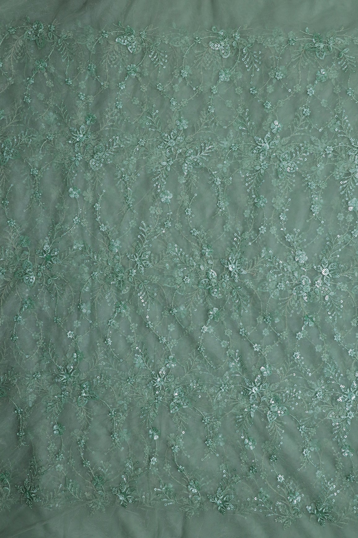 Beautiful Olive Thread With Sequins Floral Embroidery Work On Olive Soft Net Fabric