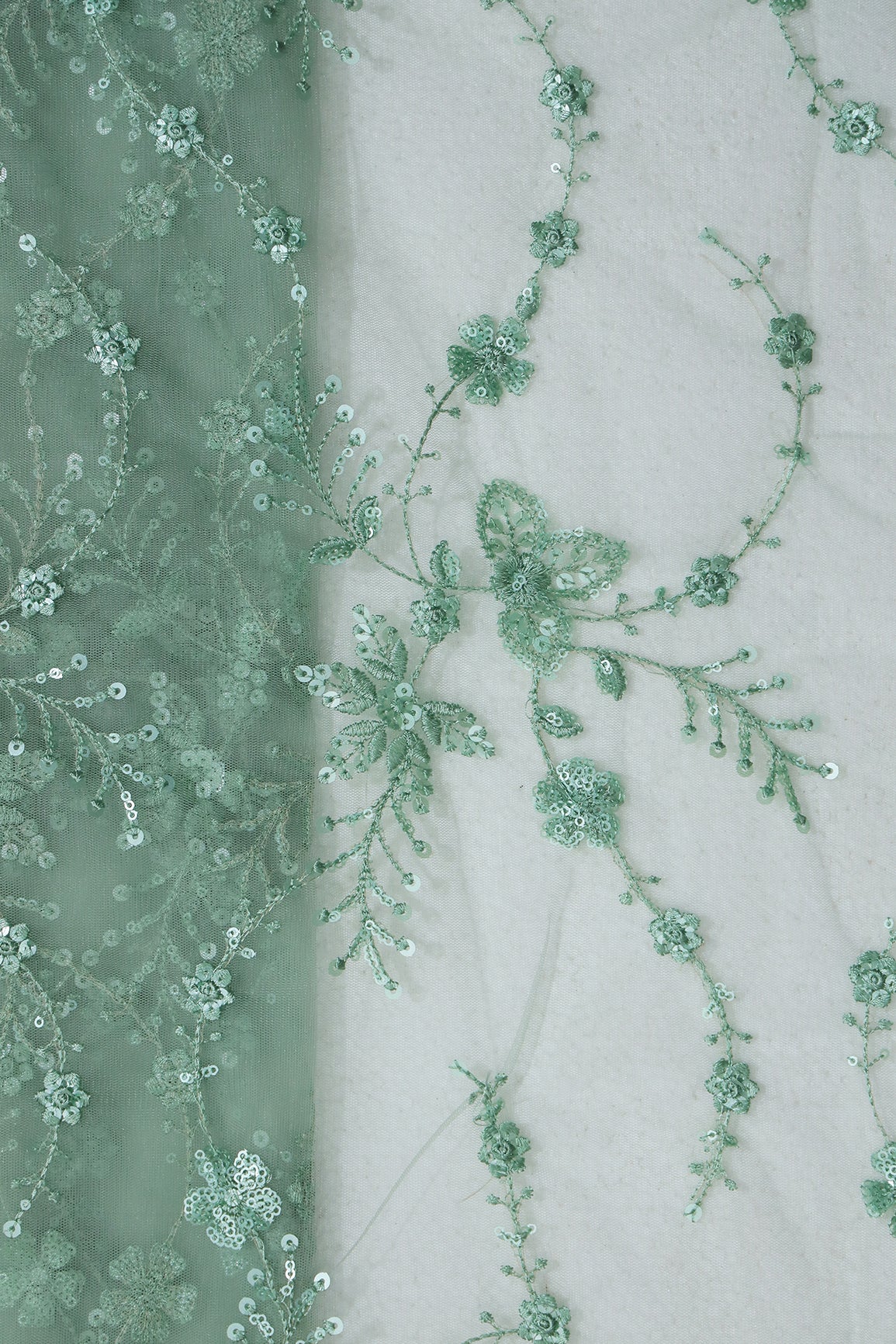 Beautiful Olive Thread With Sequins Floral Embroidery Work On Olive Soft Net Fabric