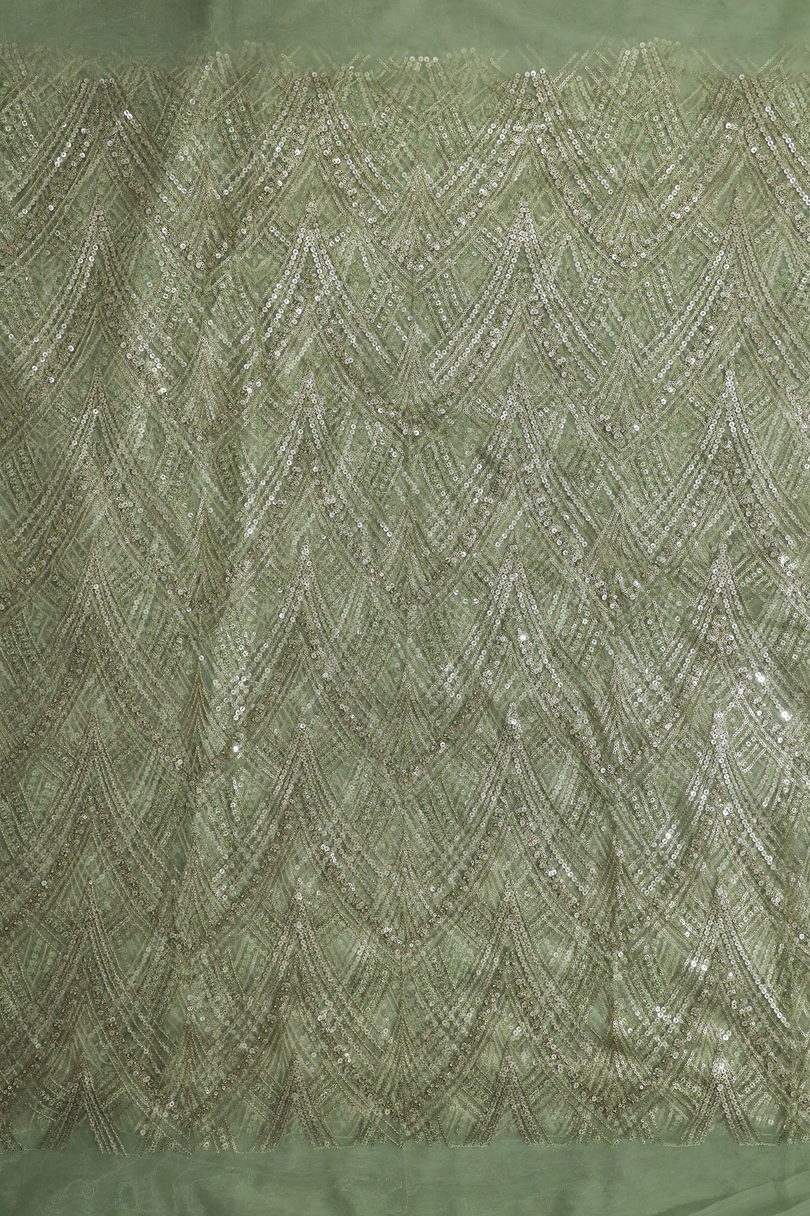 Olive Thread With Sequins Geometric Embroidery Work On Olive Soft Net Fabric