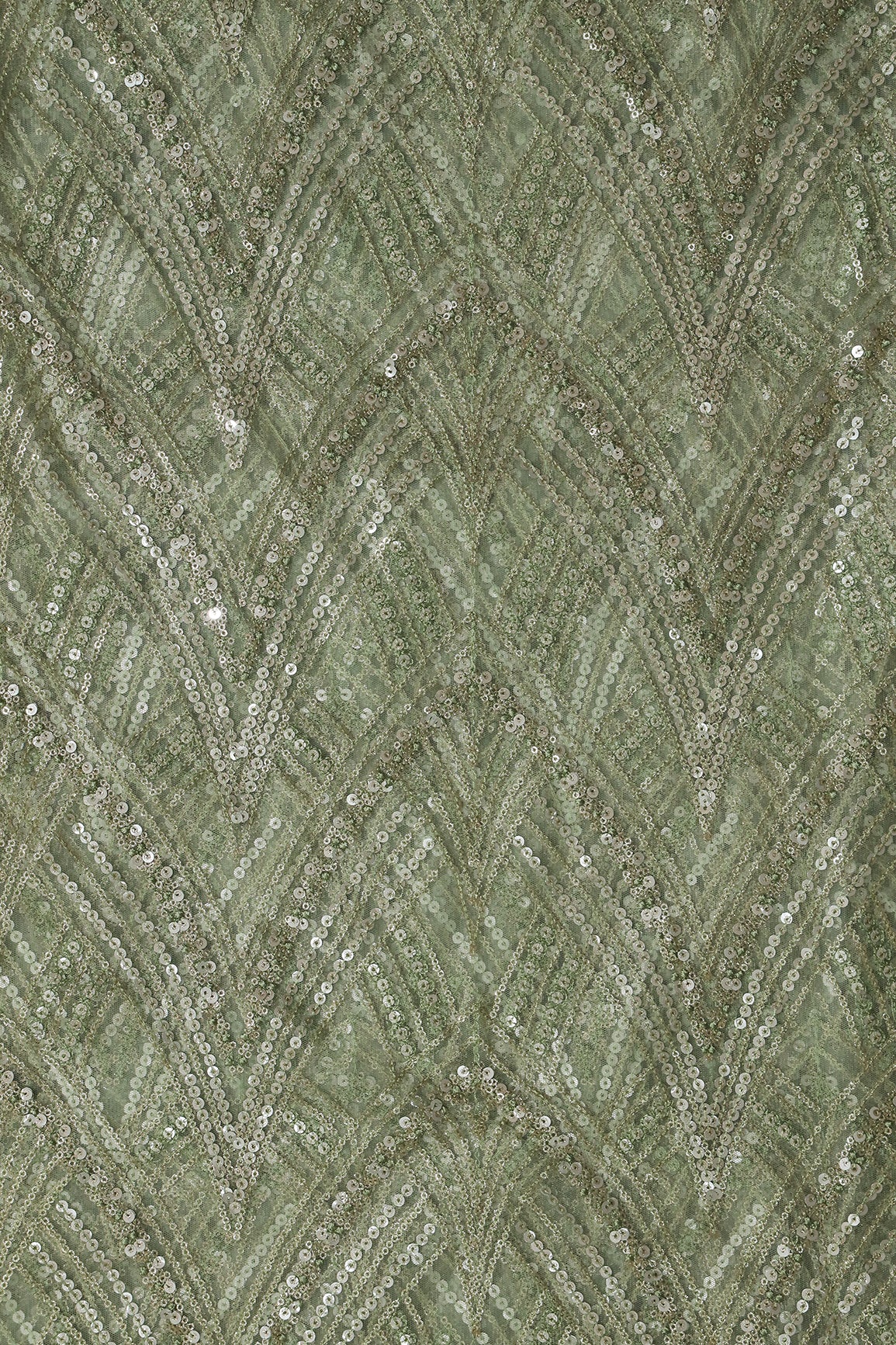 Olive Thread With Sequins Geometric Embroidery Work On Olive Soft Net Fabric