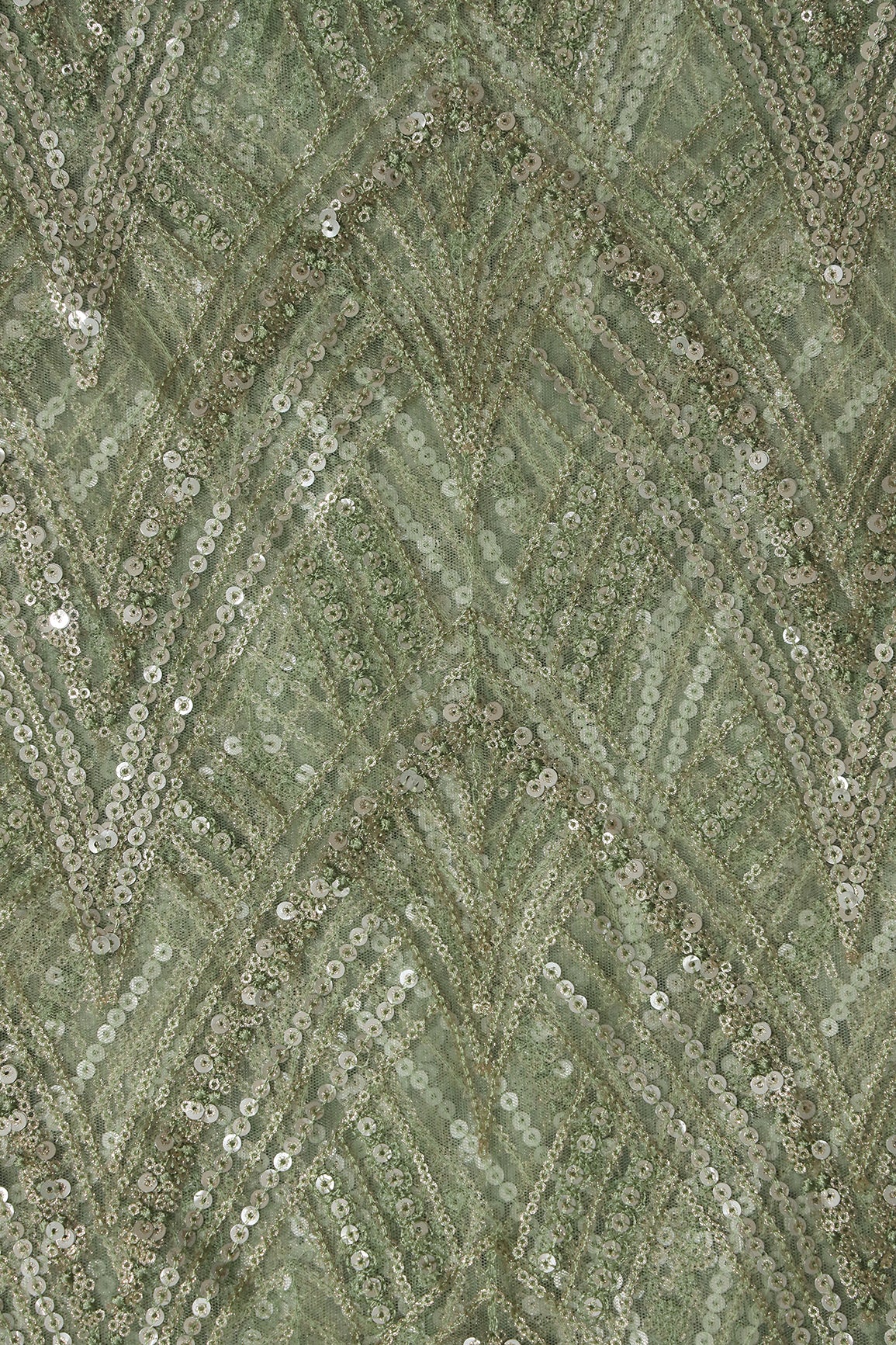 Olive Thread With Sequins Geometric Embroidery Work On Olive Soft Net Fabric