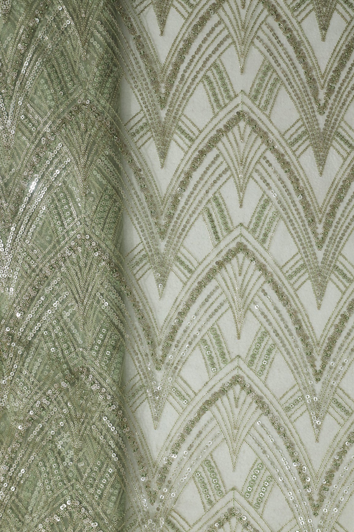 Olive Thread With Sequins Geometric Embroidery Work On Olive Soft Net Fabric