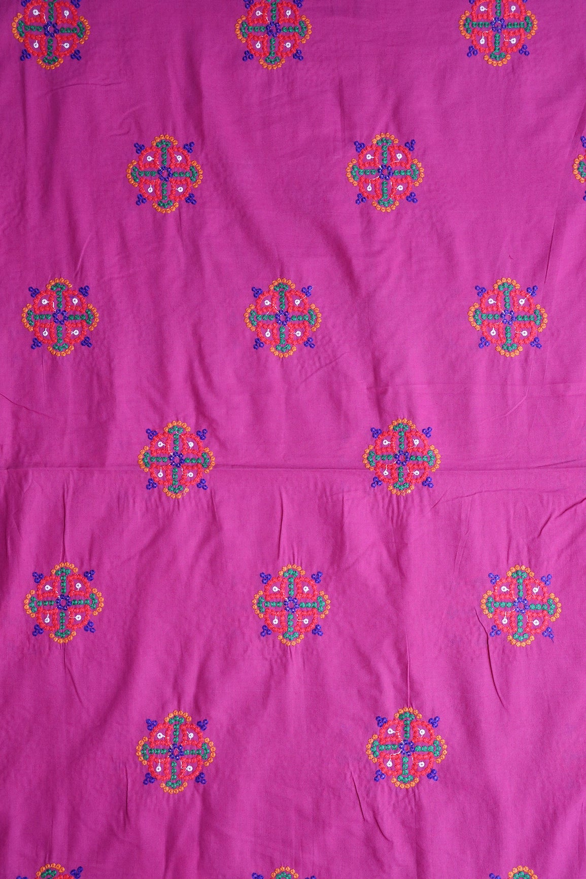 Multi Thread Floral Embroidery On Fuchsia Cotton Fabric